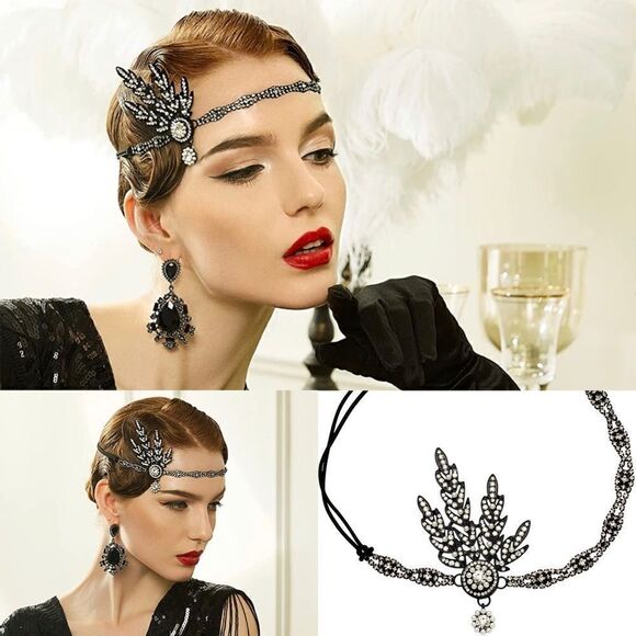 ✨ NWT Art Deco 1920’s Gatsby Flapper Crystal Rhinestone & Pearl, Black - Picture 1 of 6